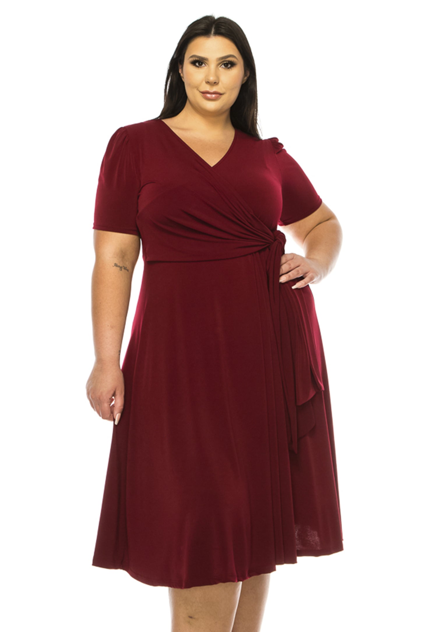 Women's Plus size Stylish Solid Faux Wrap Dress with Deep V-Neck