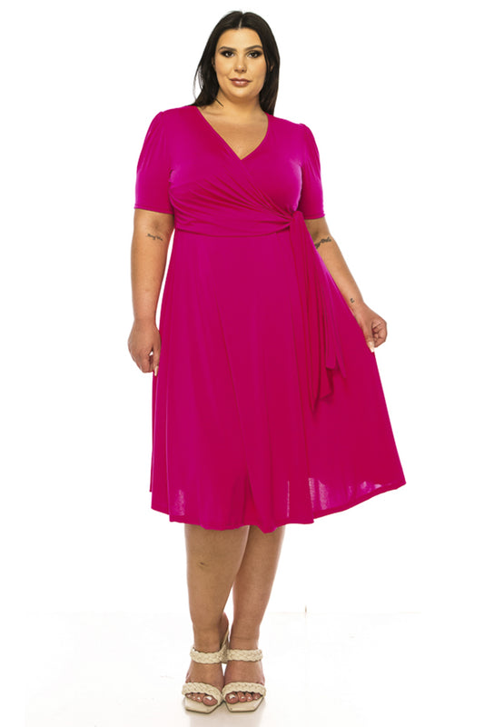 Women's Plus size Stylish Solid Faux Wrap Dress with Deep V-Neck