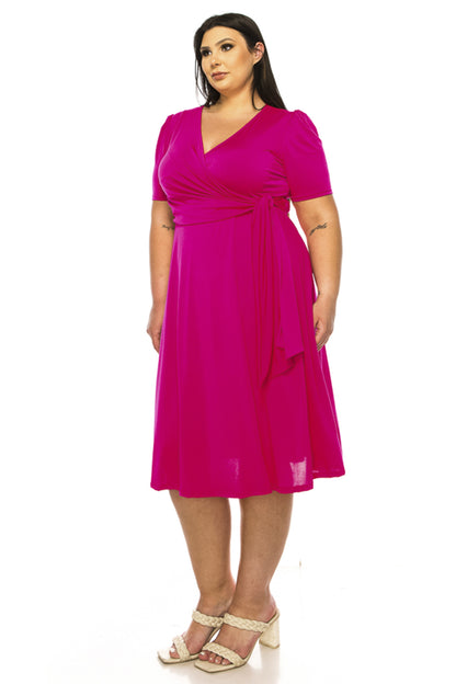 Women's Plus size Stylish Solid Faux Wrap Dress with Deep V-Neck