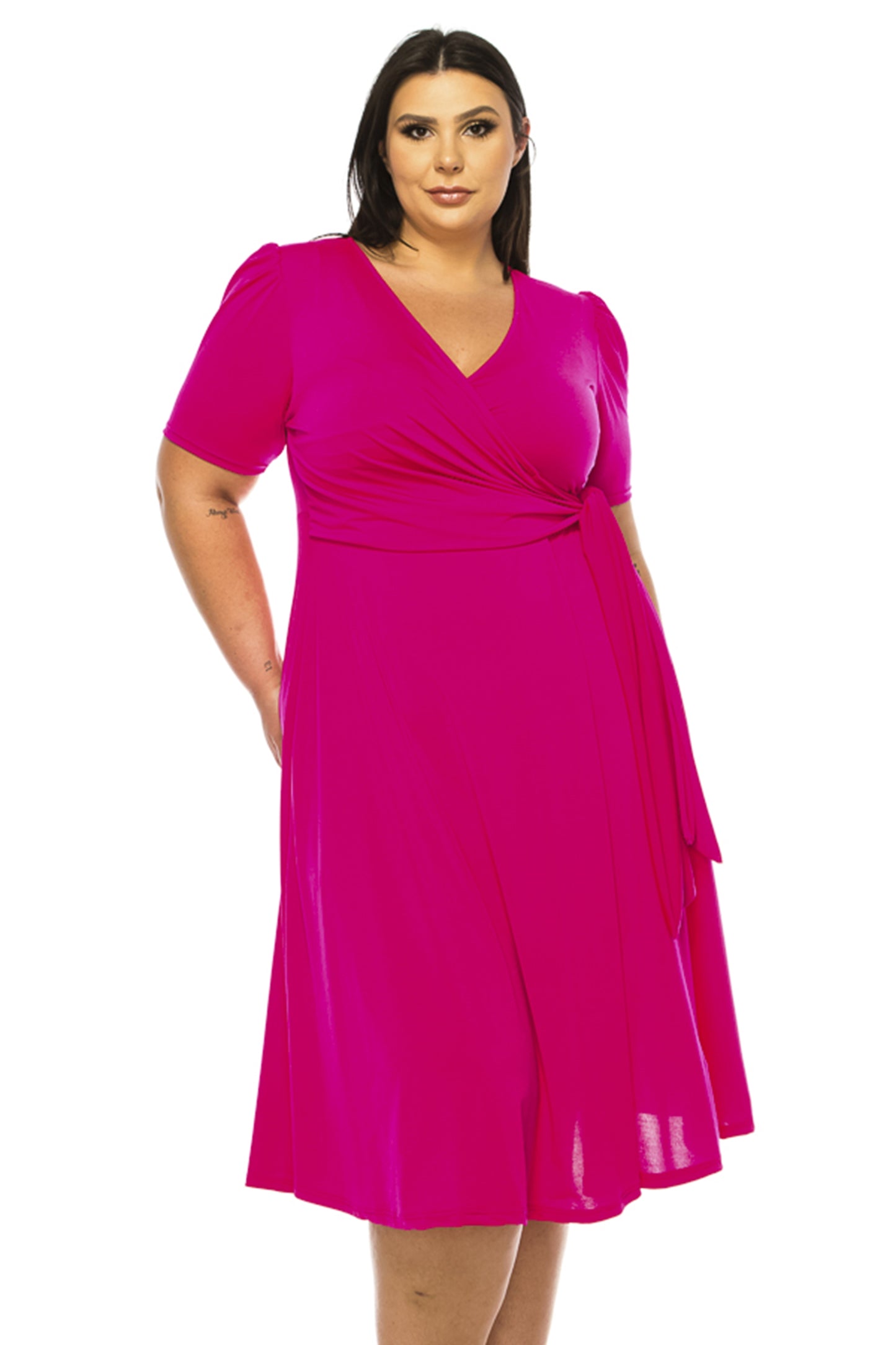 Women's Plus size Stylish Solid Faux Wrap Dress with Deep V-Neck