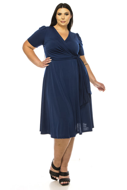 Women's Plus size Stylish Solid Faux Wrap Dress with Deep V-Neck