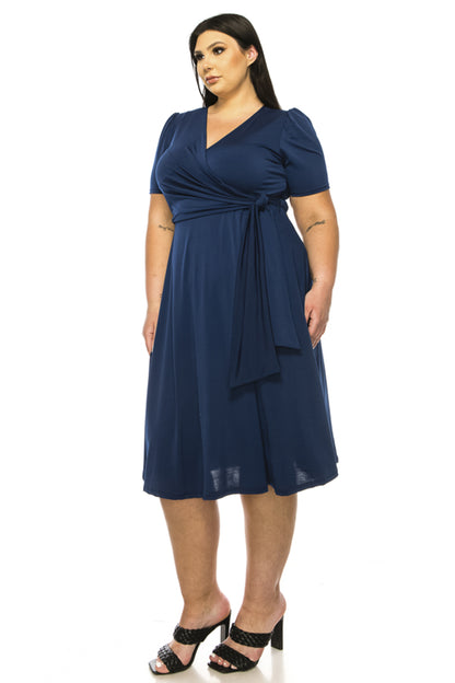 Women's Plus size Stylish Solid Faux Wrap Dress with Deep V-Neck