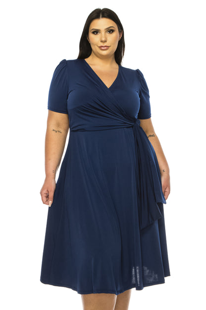 Women's Plus size Stylish Solid Faux Wrap Dress with Deep V-Neck