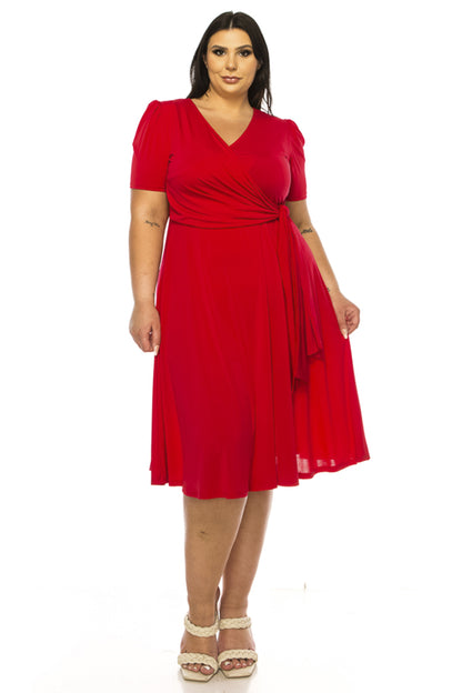 Women's Plus size Stylish Solid Faux Wrap Dress with Deep V-Neck