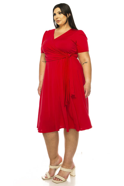 Women's Plus size Stylish Solid Faux Wrap Dress with Deep V-Neck