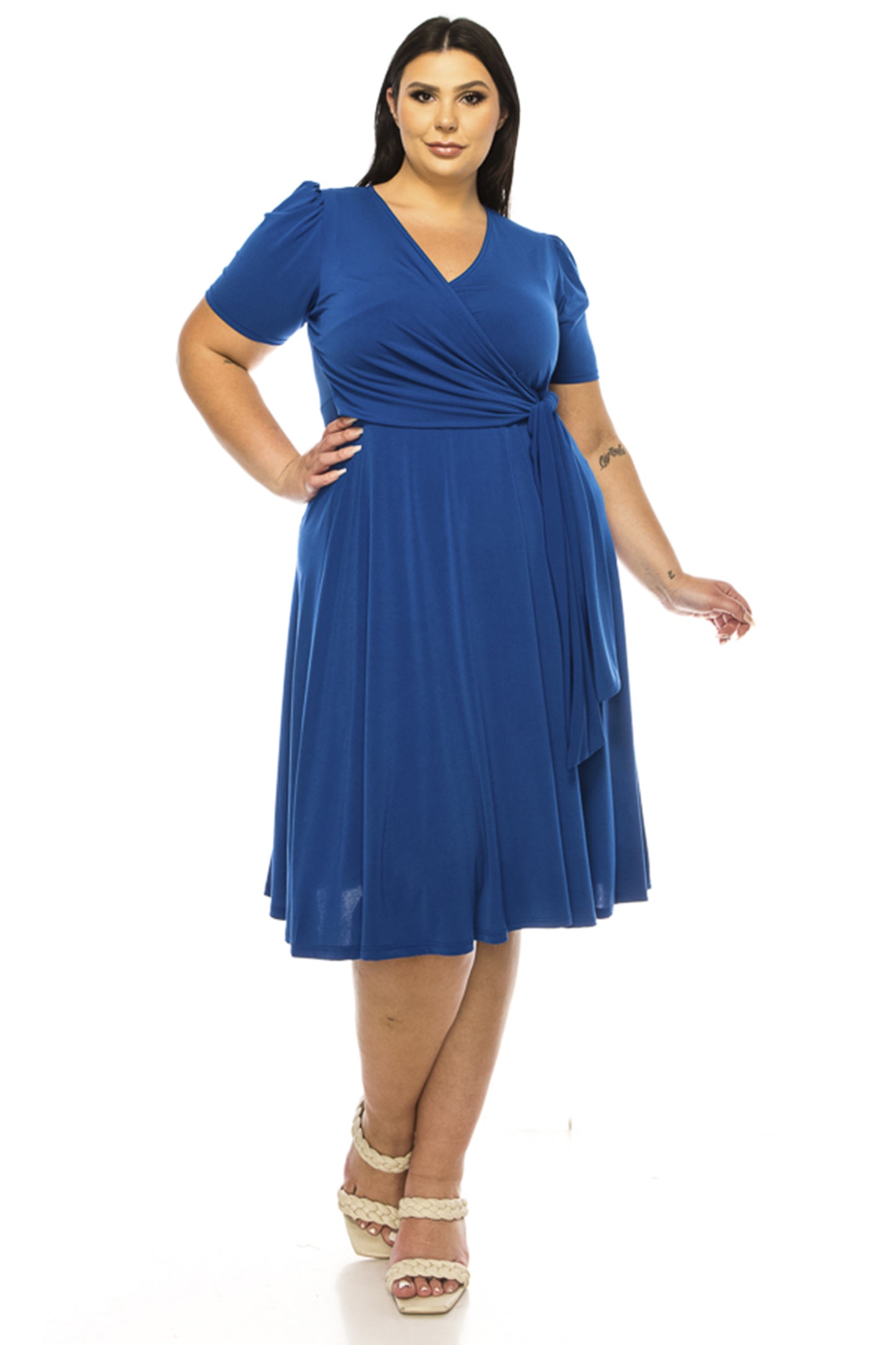 Women's Plus size Stylish Solid Faux Wrap Dress with Deep V-Neck