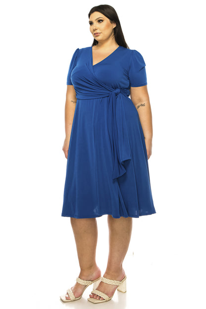 Women's Plus size Stylish Solid Faux Wrap Dress with Deep V-Neck