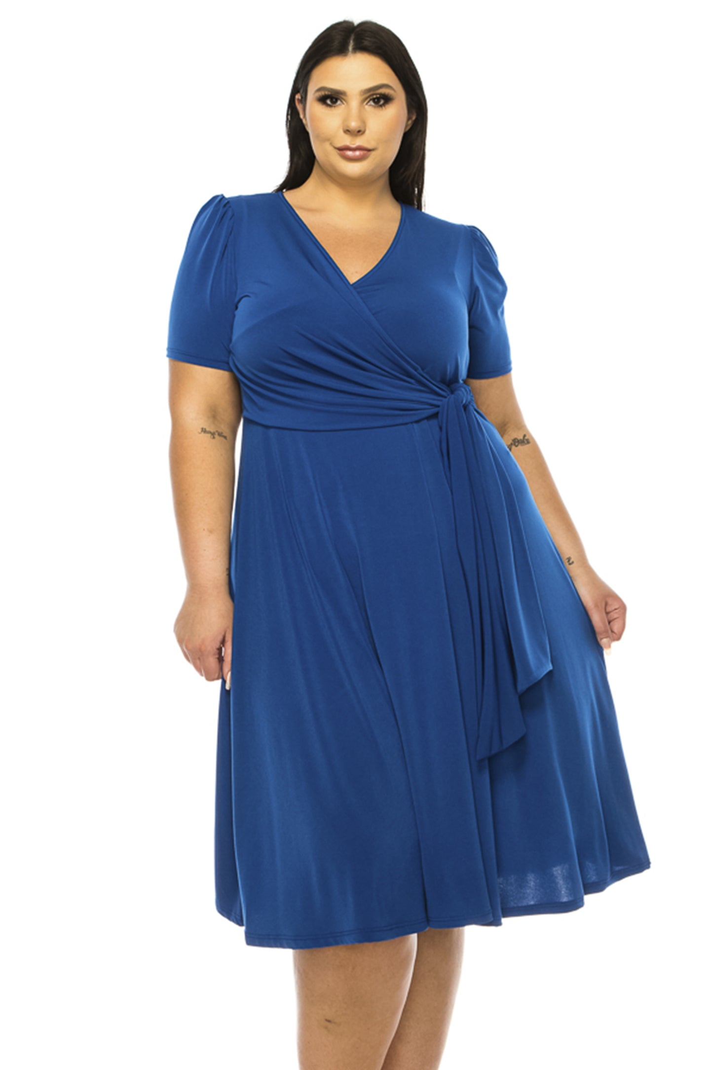 Women's Plus size Stylish Solid Faux Wrap Dress with Deep V-Neck