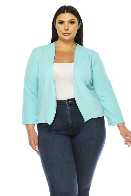 Women's Plus Size Collarless Blazer Open Front Sleek 3/4 Sleeves Cardigan Made in USA