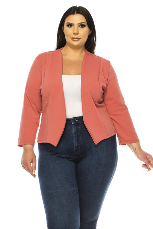 Women's Plus Size Collarless Blazer Open Front Sleek 3/4 Sleeves Cardigan Made in USA