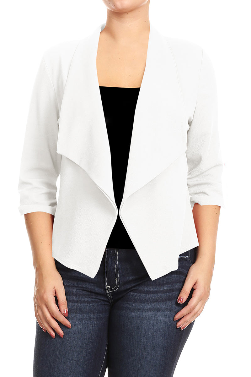 Women's Plus Size Lightweight Draped Neck Open Front Solid Blazer Jacket Made in USA