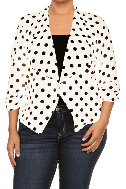 Women's Plus Size Casual Open Front Polka Dot Roll Up Sleeve Blazer Jacket Made in USA