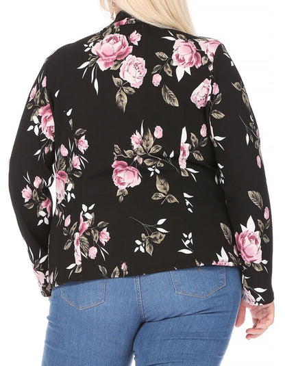 Women's Plus Size Long Sleeve Floral Waist Length Open Front Blazer Jacket