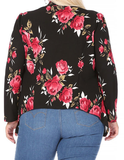 Women's Plus Size Long Sleeve Floral Waist Length Open Front Blazer Jacket