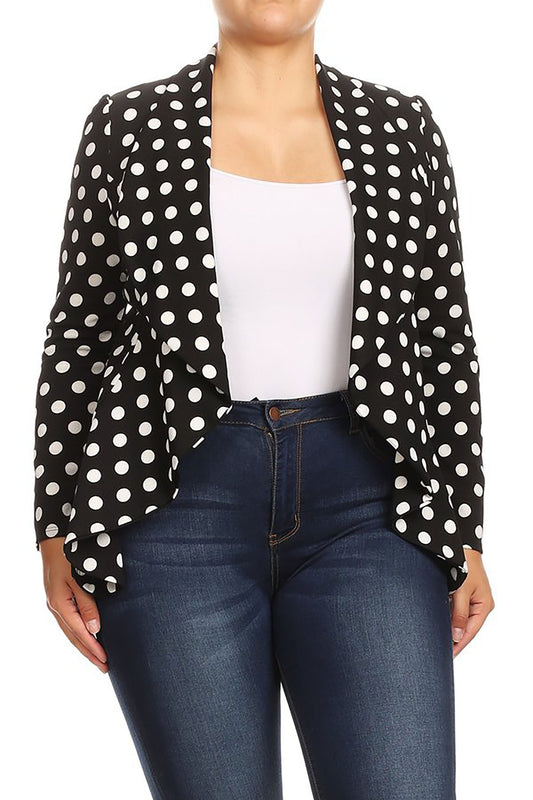 Women's Plus Size Polka Dot Long Sleeves Open Front Business Casual Office Blazer Jacket