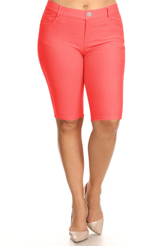 Women's Plus Size Casual Stretch Comfy Pockets Solid Bermuda Shorts Pants