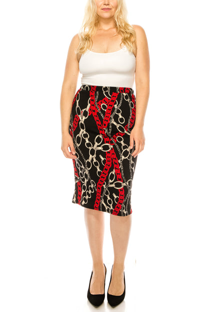 Women's Plus Size Casual Pull On High Waist Printed Midi Pencil Skirt