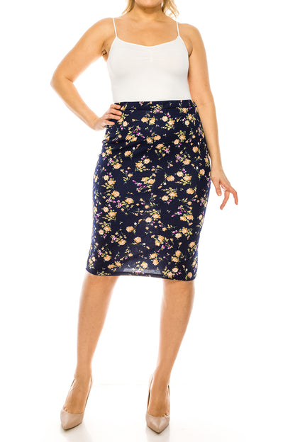 Women's Plus Size Casual Pull On High Waist Printed Midi Pencil Skirt