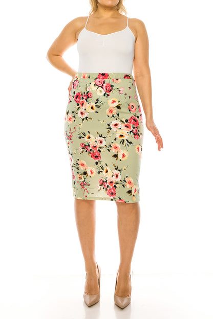 Women's Plus Size Casual Pull On High Waist Printed Midi Pencil Skirt