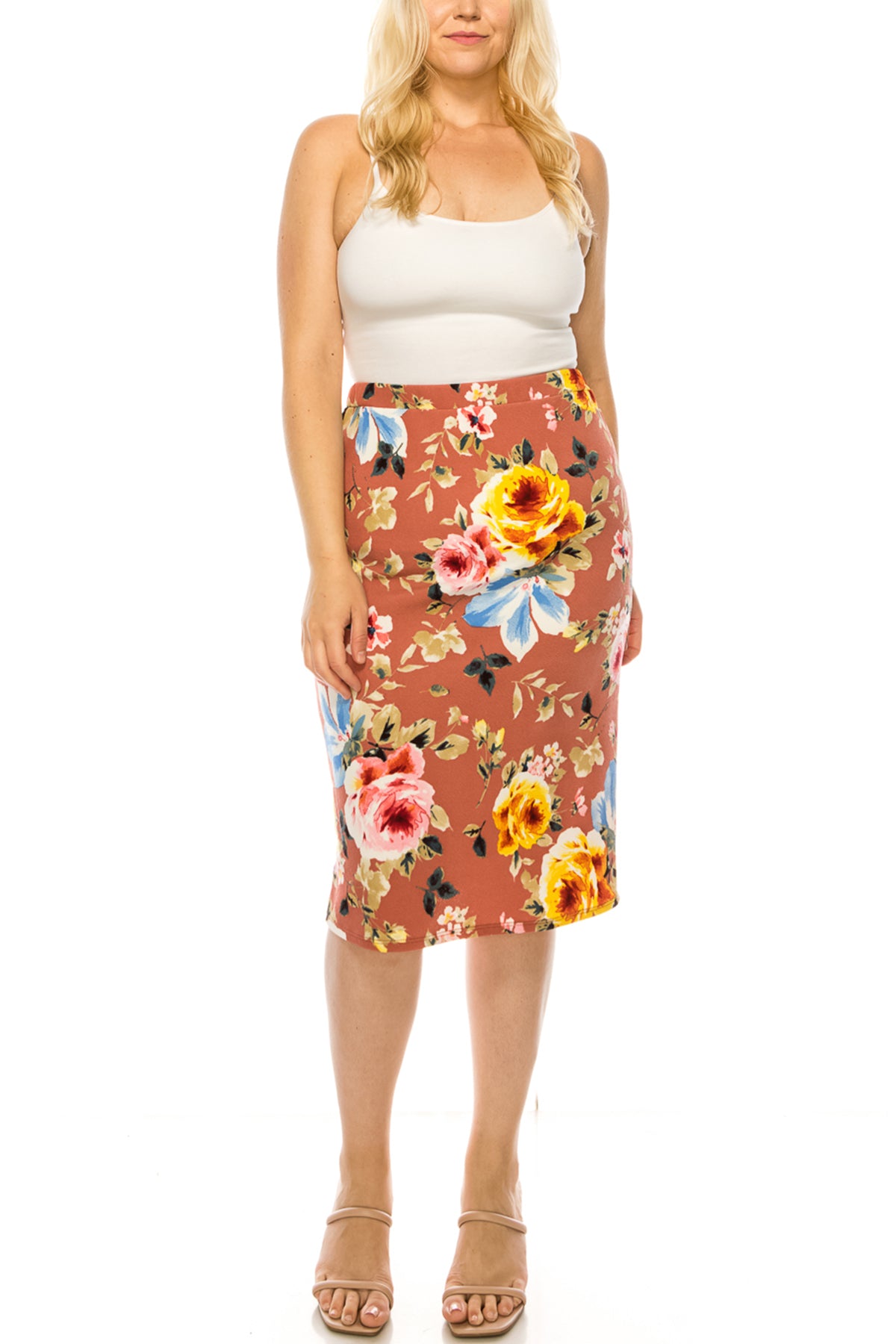 Women's Plus Size Casual Pull On High Waist Printed Midi Pencil Skirt