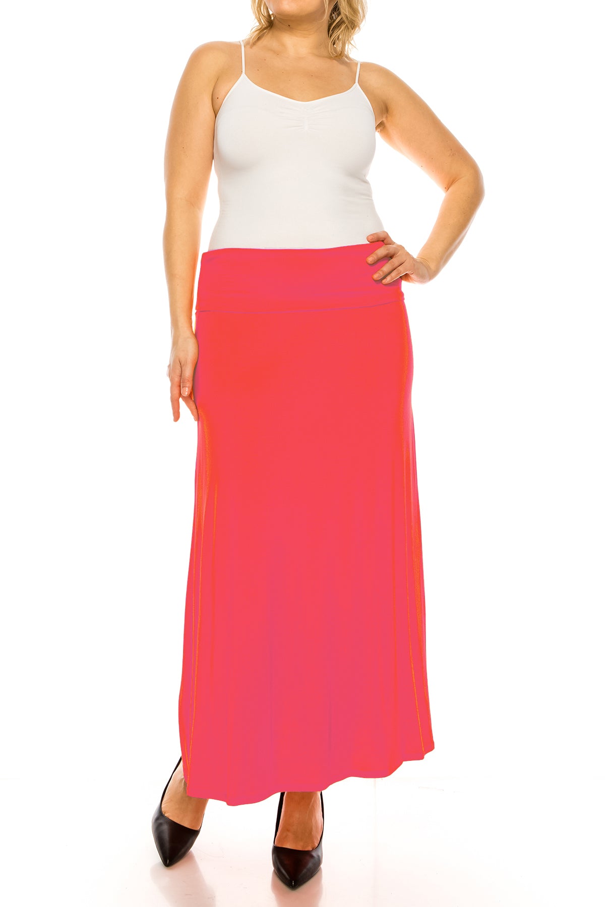 Women's Plus Size Casual Solid High Waisted A -line Maxi Skirt with an elastic Waistband - FashionJOA
