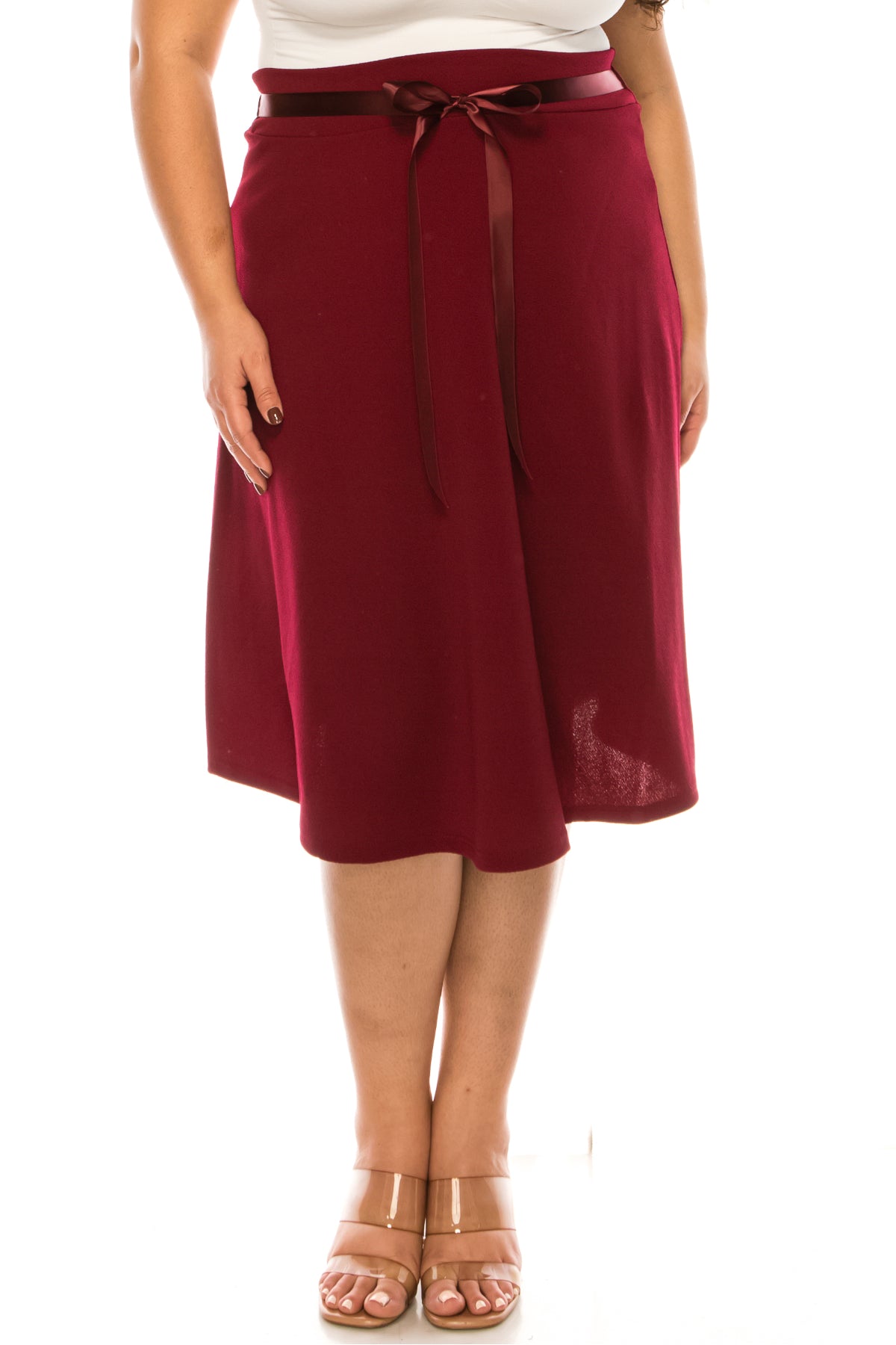 Women's Plus Size Casual High Waist Bow Tie Belted A Line Midi Knee Length Skirts