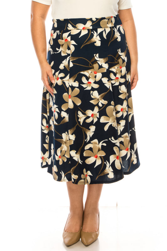 Women's Plus Size Classic Floral Print Flared Lightweight Midi A-line Skirt