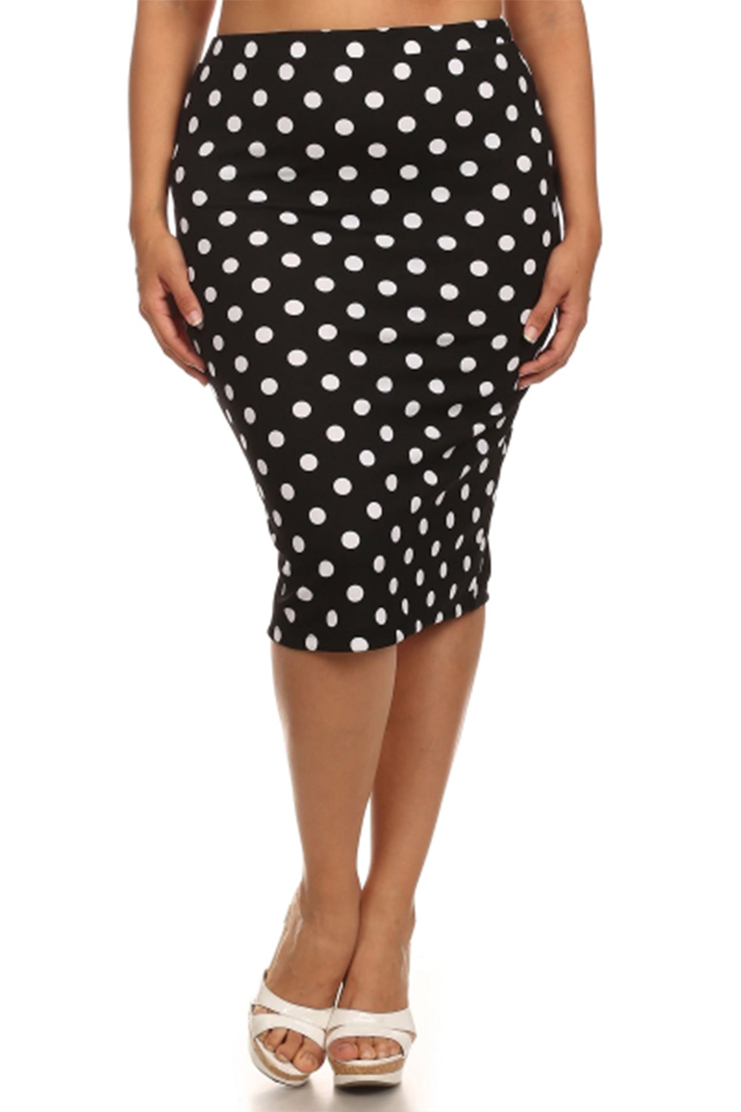 Women's Plus Size Polka Dot Elastic Waistband Stretch Pencil Midi Skirt