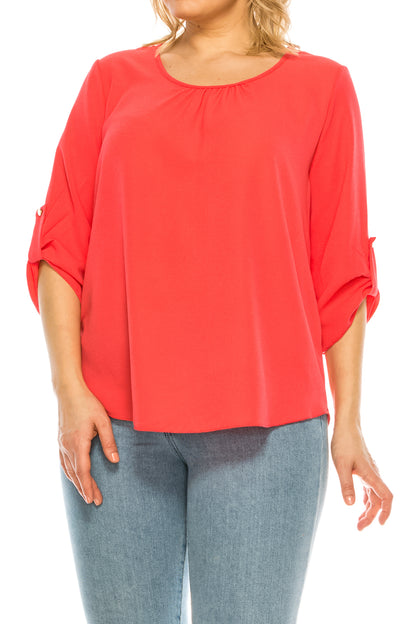 Women's Plus Size Casual Round Neck Loose Fit Roll Tab 3/4 Sleeve Shirt Blouse Tops