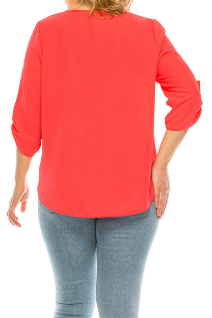 Women's Plus Size Casual Round Neck Loose Fit Roll Tab 3/4 Sleeve Blouse - FashionJOA