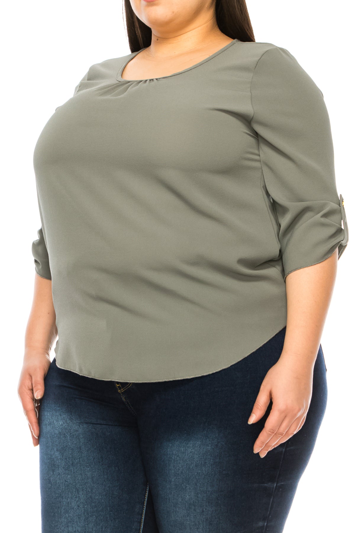 Women's Plus Size Casual Round Neck Loose Fit Roll Tab 3/4 Sleeve Shirt Blouse Tops