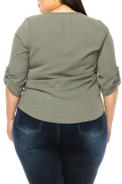 Women's Plus Size Casual Round Neck Loose Fit Roll Tab 3/4 Sleeve Shirt Blouse Tops