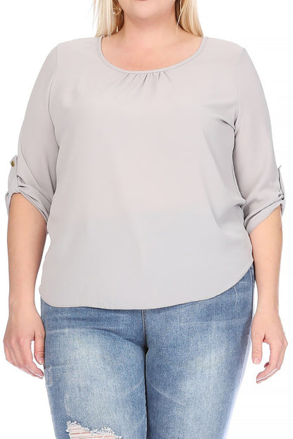 Women's Plus Size Casual Round Neck Loose Fit Roll Tab 3/4 Sleeve Shirt Blouse Tops