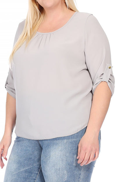 Women's Plus Size Casual Round Neck Loose Fit Roll Tab 3/4 Sleeve Blouse - FashionJOA