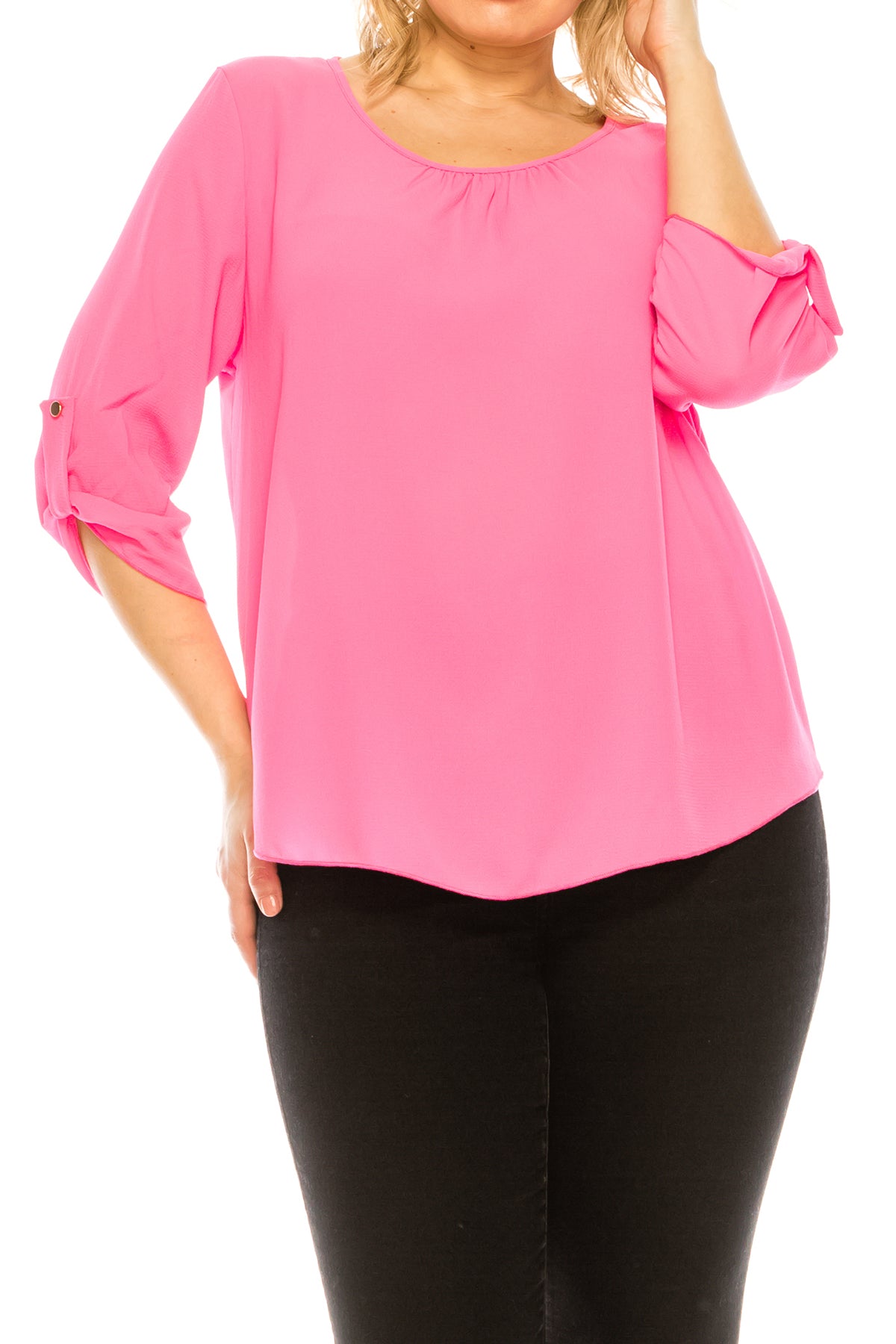 Women's Plus Size Casual Round Neck Loose Fit Roll Tab 3/4 Sleeve Shirt Blouse Tops