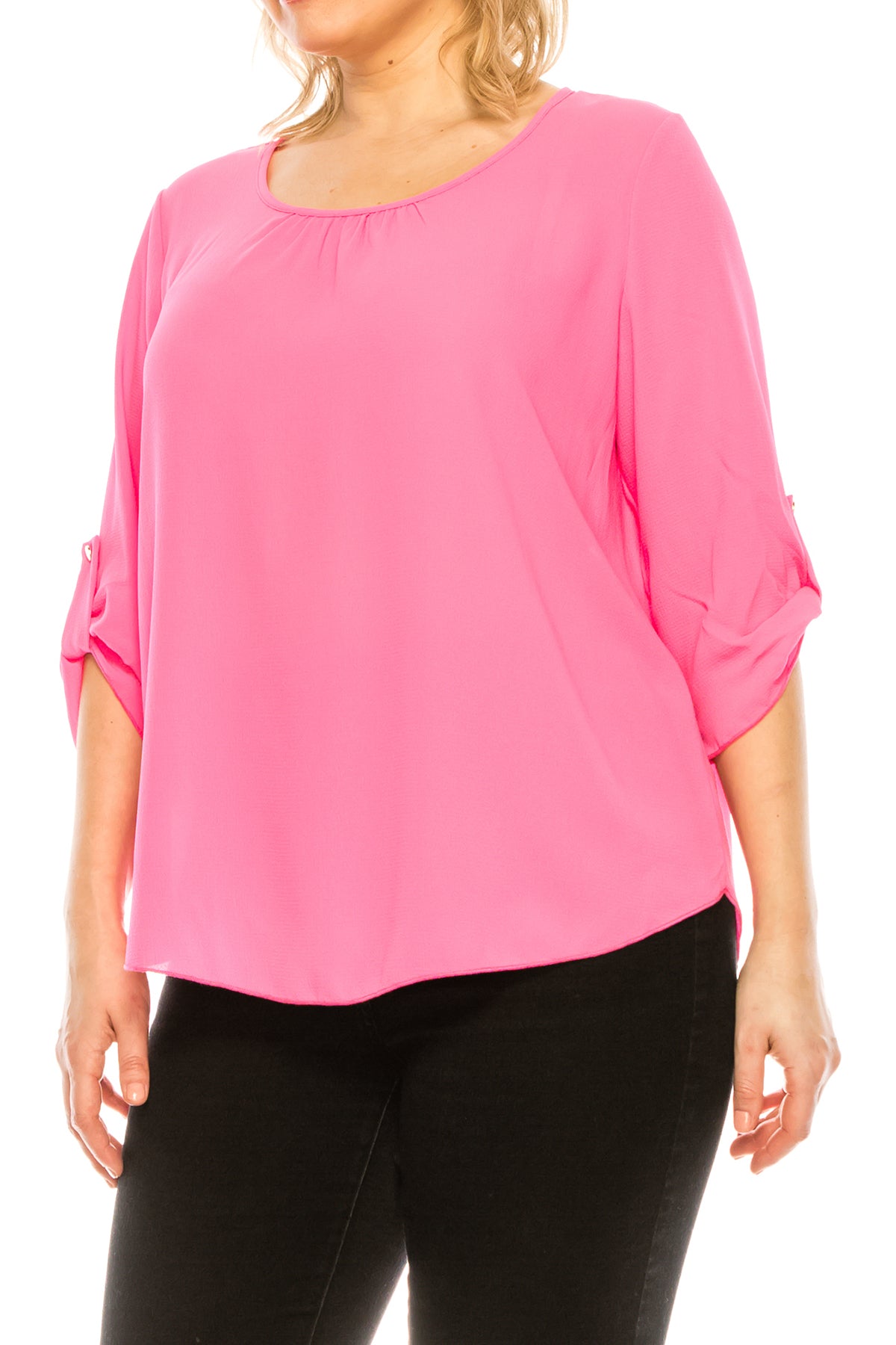 Women's Plus Size Casual Round Neck Loose Fit Roll Tab 3/4 Sleeve Shirt Blouse Tops