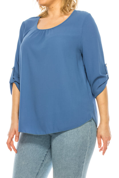 Women's Plus Size Casual Round Neck Loose Fit Roll Tab 3/4 Sleeve Shirt Blouse Tops