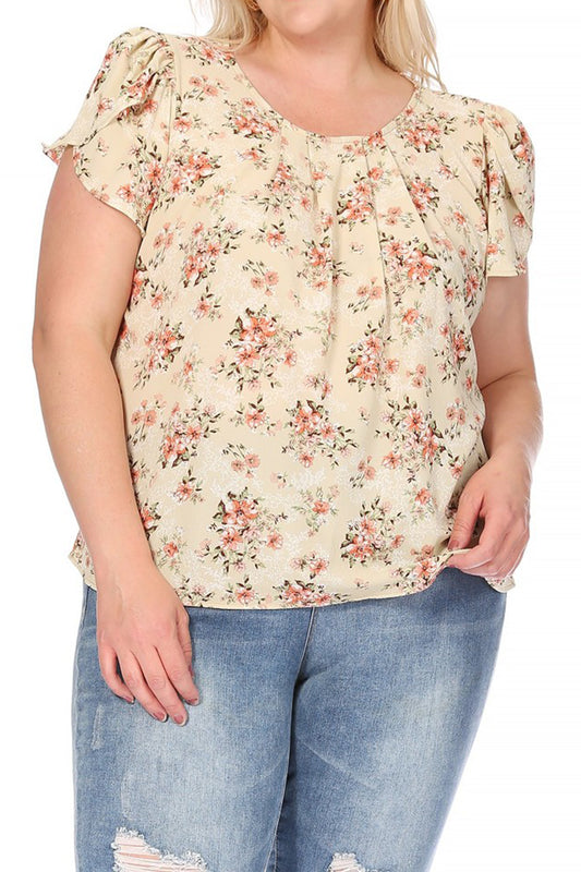 Women's Plus Size Casual Floral Pleated Front Petal Cap Sleeve Round Neck Tee Blouse Top