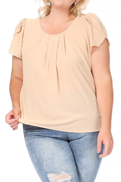 Women's Plus Size Casual Solid Pleated Front Petal Cap Sleeve Round Neck Tee Blouse Top