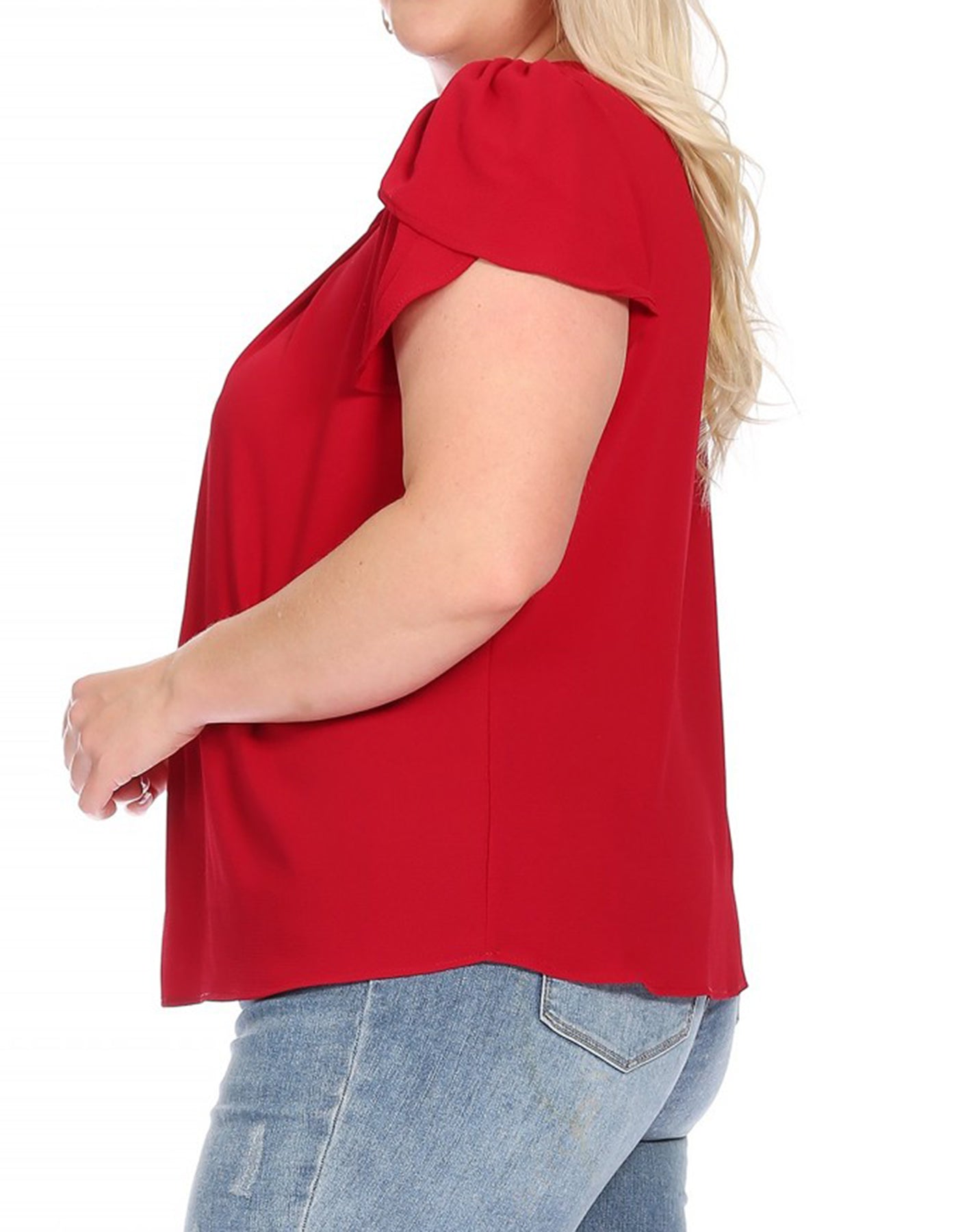 Women's Plus Size Casual Solid Pleated Front Petal Cap Sleeve Round Neck Tee Blouse Top