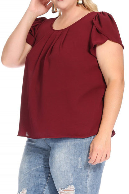 Women's Plus Size Casual Solid Pleated Front Petal Cap Sleeve Round Neck Tee Blouse Top