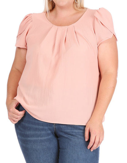 Women's Plus Size Casual Solid Pleated Front Petal Cap Sleeve Round Neck Tee Blouse Top