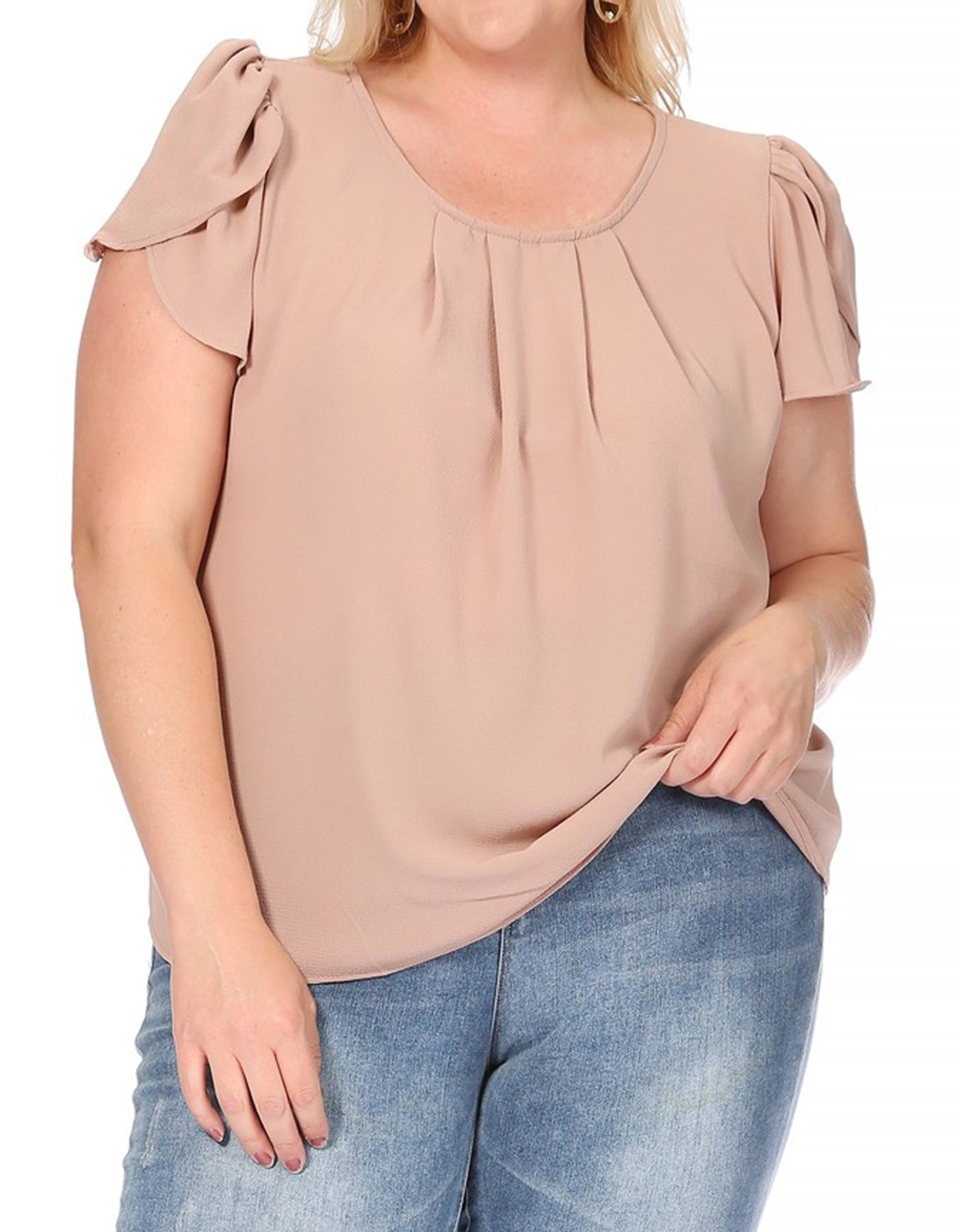 Women's Plus Size Casual Solid Pleated Front Petal Cap Sleeve Round Neck Tee Blouse Top