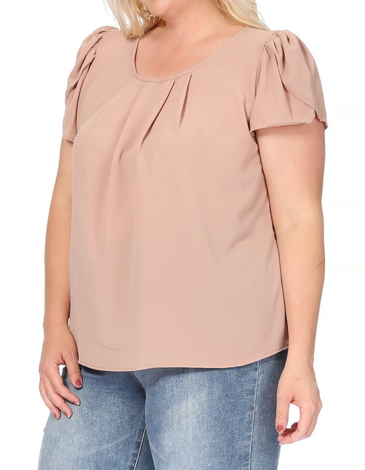 Women's Plus Size Casual Solid Pleated Front Petal Cap Sleeve Round Neck Tee Blouse Top