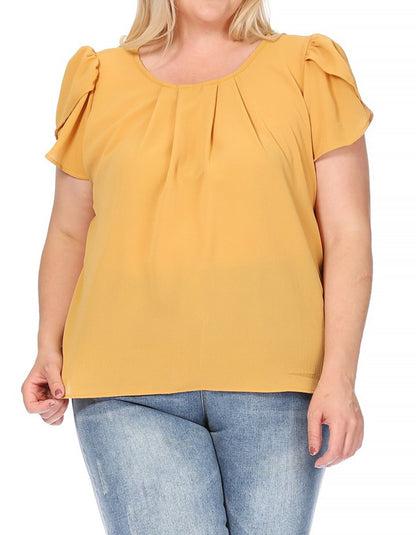 Women's Plus Size Casual Solid Pleated Front Petal Cap Sleeve Round Neck Tee Blouse Top