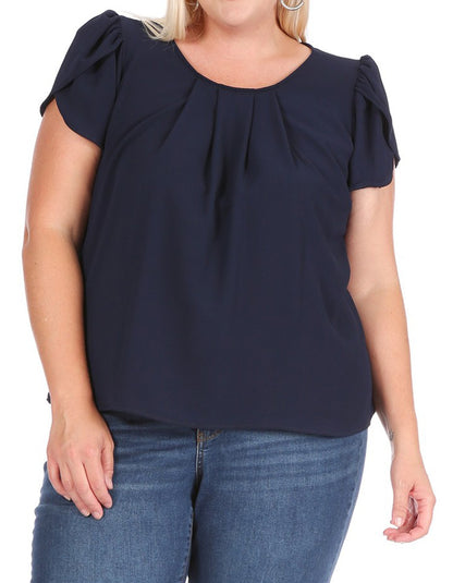 Women's Plus Size Casual Solid Pleated Front Petal Cap Sleeve Round Neck Tee Blouse Top