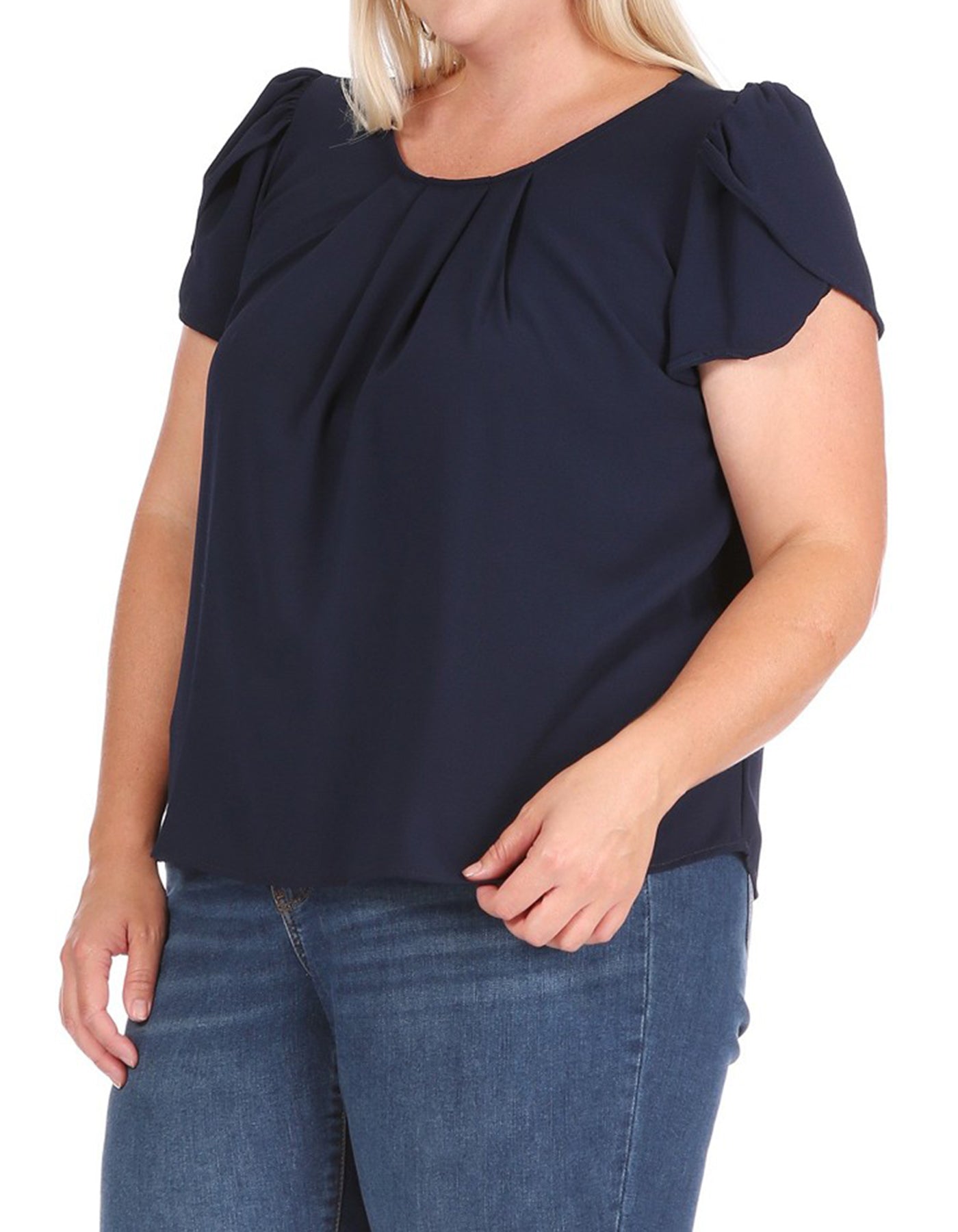 Women's Plus Size Casual Solid Pleated Front Petal Cap Sleeve Round Neck Tee Blouse Top