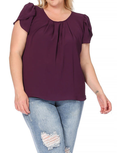 Women's Plus Size Casual Solid Pleated Front Petal Cap Sleeve Round Neck Tee Blouse Top