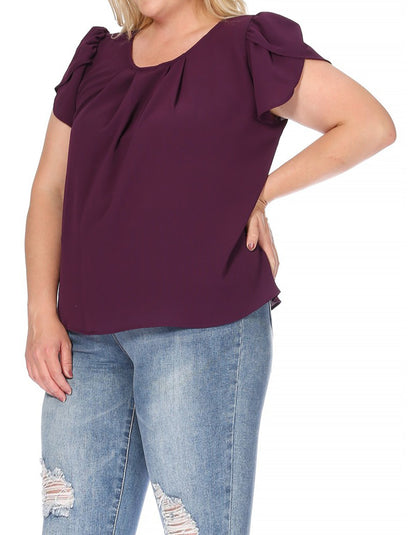 Women's Plus Size Casual Solid Pleated Front Petal Cap Sleeve Round Neck Tee Blouse Top