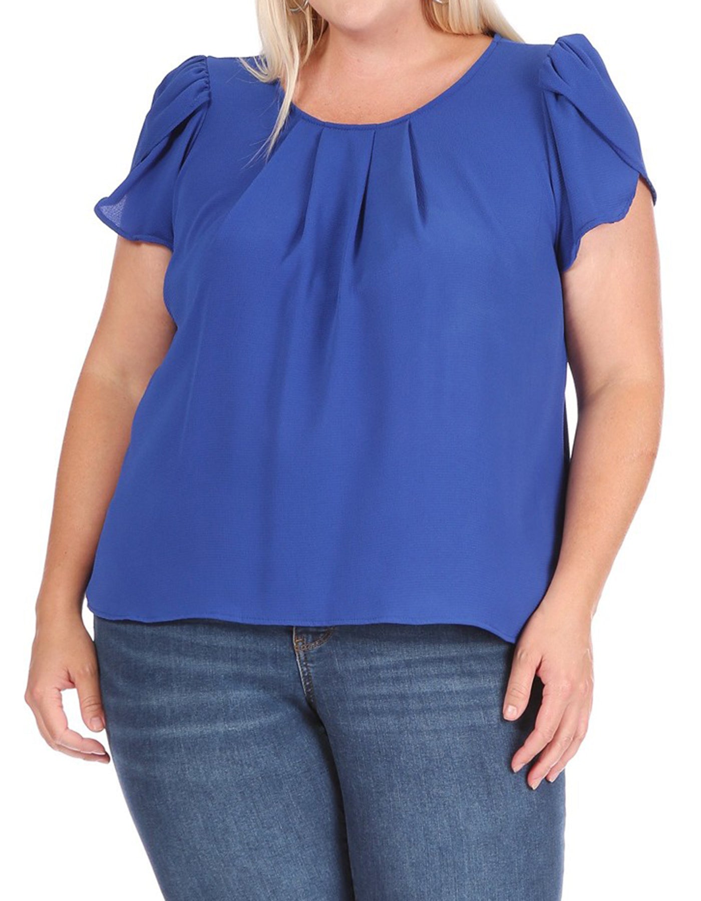 Women's Plus Size Casual Solid Pleated Front Petal Cap Sleeve Round Neck Tee Blouse Top